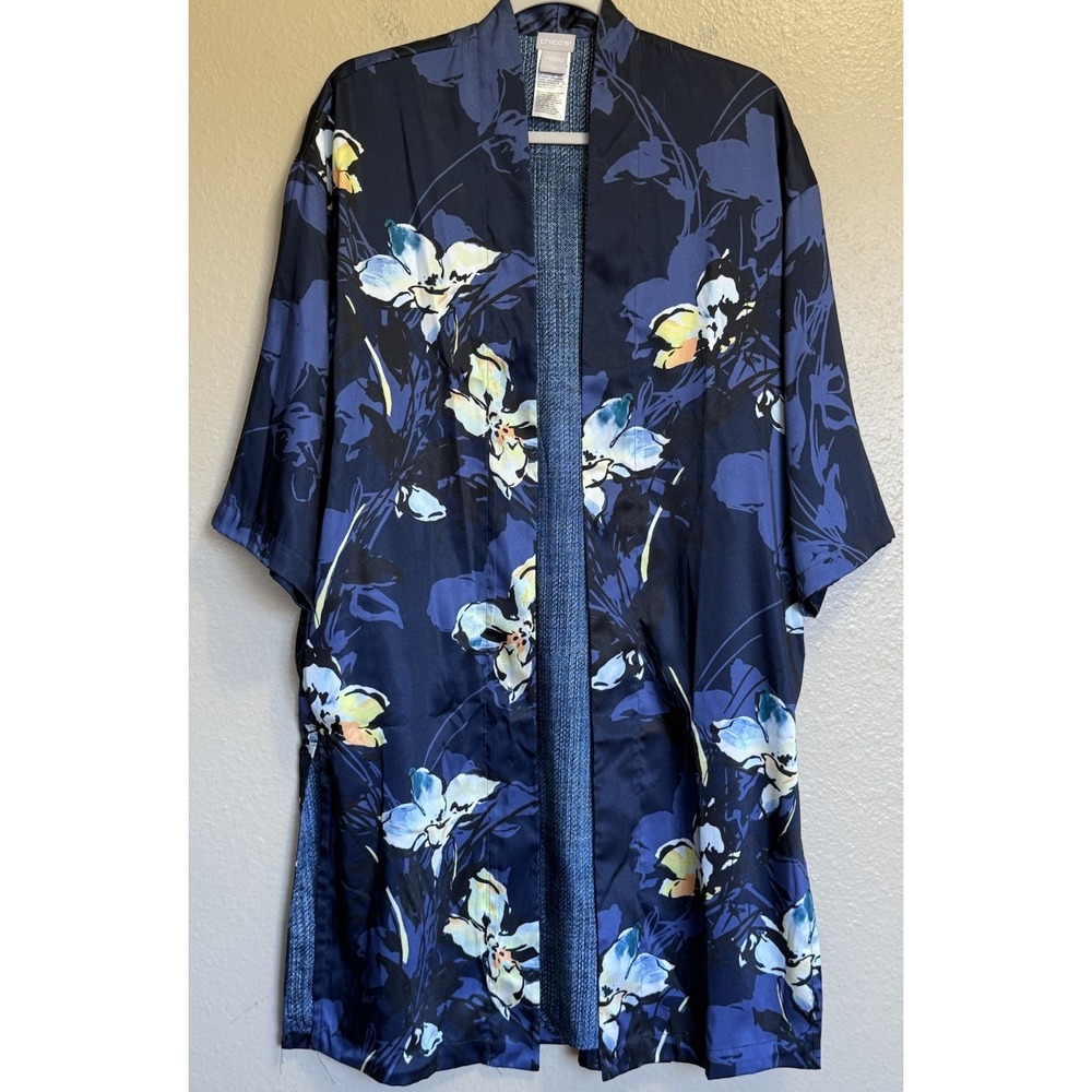 Chico's Women's Brushed Shadow Floral Drama Kimono Size XXS/XS Blue Silky